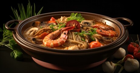 A vibrant bowl of spicy Thai  soup, filled with shrimp, mushrooms, and vegetables, served in a traditional clay pot. Generative AI.