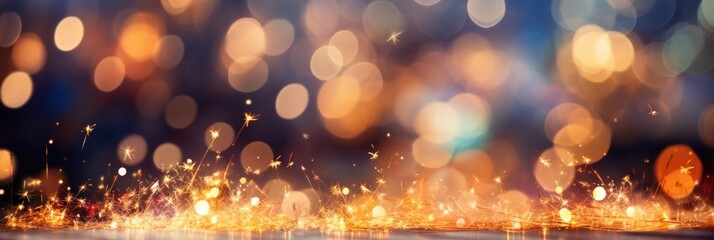 Celebrate the New Year with blurry champagne, fireworks with bokeh lights, and glitter effects in the background.