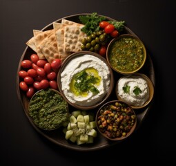 A vibrant platter of Lebanese Mezze, featuring tabbouleh, baba ganoush, kibbeh, stuffed grape leaves, and labneh, served with warm pita bread. Generative AI.