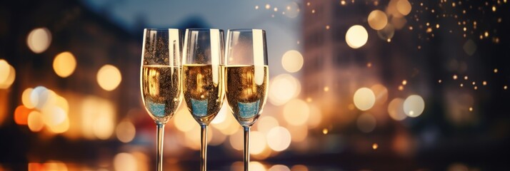 Celebrate the New Year with blurry champagne, fireworks with bokeh lights, and glitter effects in the background.