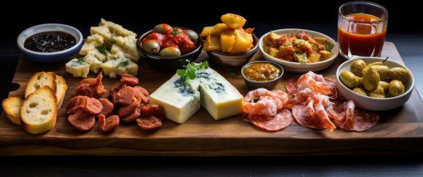 A delectable assortment of Spanish tapas on wooden platters, featuring patatas bravas, chorizo in red wine, garlic shrimp, marinated olives, and  cheese. Generative AI.