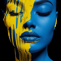 Woman's face painted blue with yellow colour running down the left side, closed eyes, black background