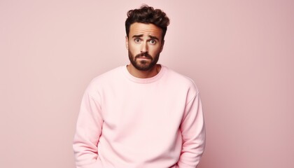 stressed man with pink jumper and pink background