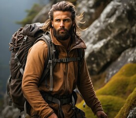Fototapeta premium A rugged man with long hair and a backpack standing on a mountain. Generative AI.