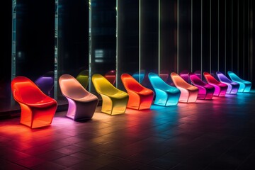 a row of glowing futuristic neon chairs in dark surroundings
