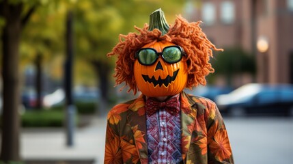 Halloween pumpkin head costume, man with carved pumpkin sunglasses, orange wool hair and autumnal jacket, blurred background, copy space