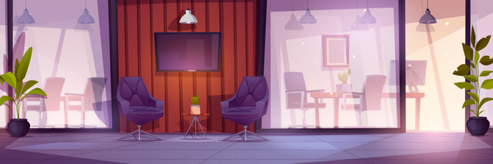 Modern workspace with glass wall - cartoon vector office room interior with armchairs and plants in hall, workrooms with tables and chairs, computers and accessories behind transparent partition.