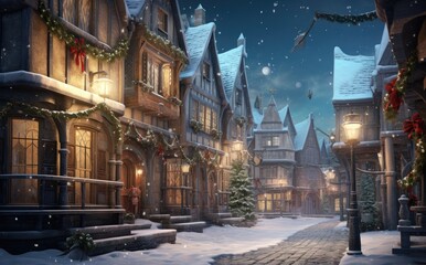 a snowy street with christmas lights - obrazy, fototapety, plakaty