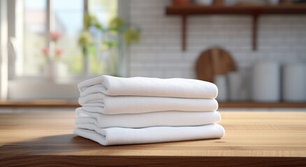 Fototapeta na wymiar a stack of white towels on the kitchen countertop towel