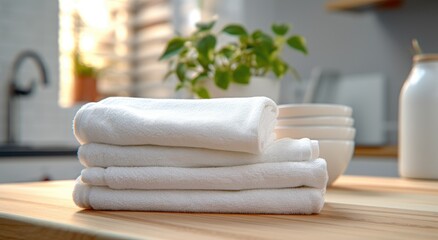 a stack of white towels on the kitchen countertop towel