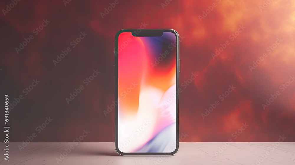 Poster a smartphone with a colorful wave pattern on the screen is on a wooden table.