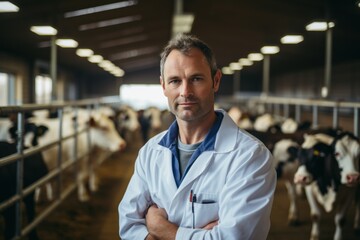 Veterinarian holds a syringe with vaccine on the background of a dairy cow in a cow barn.