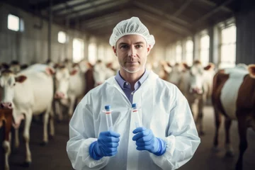 Rolgordijnen Veterinarian holds a syringe with vaccine on the background of a dairy cow in a cow barn. © sirisakboakaew