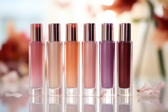 6 different lip gloss on the table blur flower background