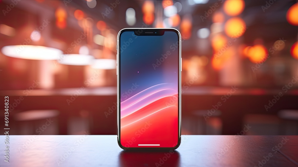 Poster a smartphone with a colorful wave pattern on the screen is on a wooden table.