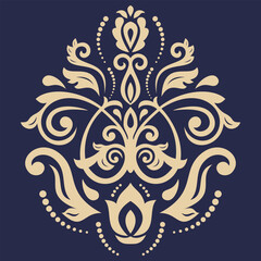 Oriental vector ornament with arabesques and floral elements. Traditional classic navy blue golden ornament. Vintage pattern with arabesques