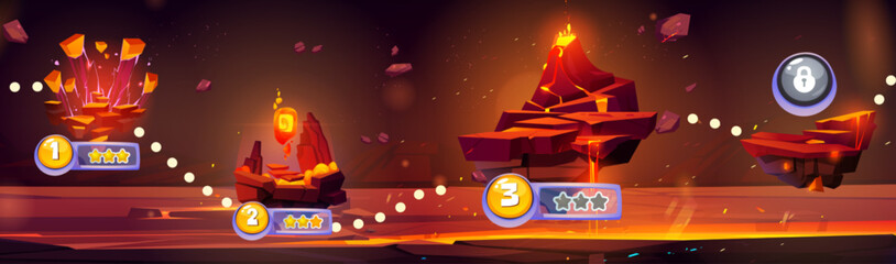 Arcade game map with floating volcanic islands. Vector cartoon illustration of prehistoric landscape with volcano eruption, lava and magma flow in stone cracks, level score and lock icons, gui design © klyaksun