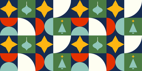 Seamless New Year pattern. Vector design in geometric style with Christmas tree and Christmas toys for textile, wrapping paper, scrapbooking