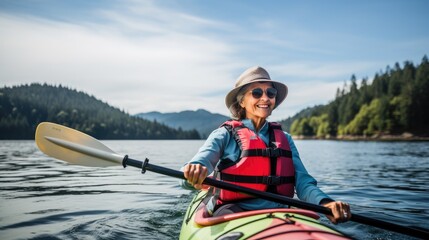 A woman in her 60s kayaks on a lake, surrounded by beautiful nature