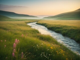 refreshing dawn scene with dewy grass, wildflowers, and a meandering stream soft pastel morning landscape peaceful nature background image