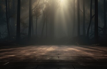 a wood table in a dark forest with lights - obrazy, fototapety, plakaty