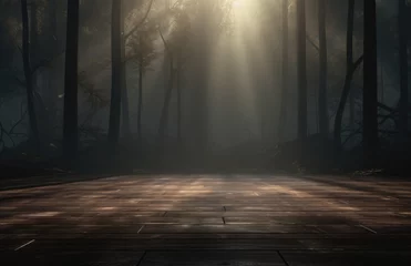 Fototapeten a wood table in a dark forest with lights © olegganko