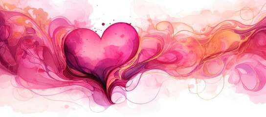 Watercolor abstract heart in pink tones with beautiful artistic streaks and flows on white background. Banner for valentine's day. Love - obrazy, fototapety, plakaty