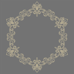 Oriental vector round frame with arabesques and floral elements. Floral gray golden round border with vintage pattern