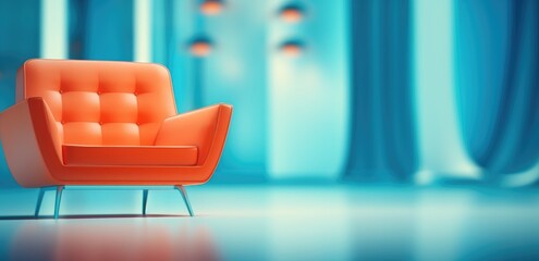 an abstract orange chair sits in a bluetoned business office