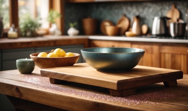 wooden table with wood board table in front of bowl. Kitchen background. glitter overlay, wide view 