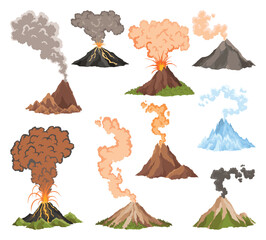 Volcano icons. Magma nature blowing up with smoke. An awakened vulcan activity fire and smoke elements. Volcano eruption set. Flat cartoon vector isolated illustration