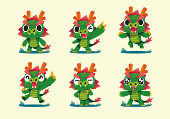 Obraz na płótnie Canvas set of cute monster Asian Green Dragon cartoon mascot character 