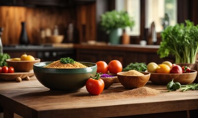 wooden table with wood board table in front of bowl vegetable. Kitchen background. glitter overlay,...