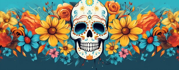 an attractive mexican skull in colorful flowers