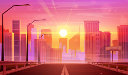 Fototapeta premium Empty road leads to city with multistorey buildings at sunset or sunrise. Cartoon vector landscape with asphalt highway with streetlights into town. Cityscape with skyscrapers and pink gradient sky.