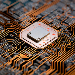 Close-up of an advanced microchip on a circuit board, highlighting technology and innovation.
