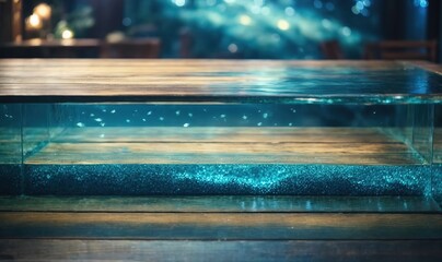 wooden table with blue glowing swimming day. wood board table in front of aquarium. Festive background. glitter overlay