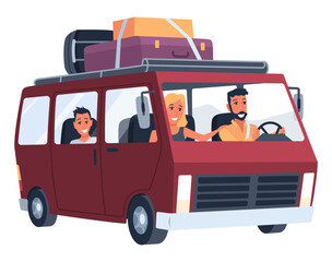 People traveling by car. Happy family in road trip. Hitchhiking and traveling concept for banner, website design or landing web page. People in auto adventure on white background