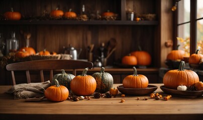 Wood table with copy space in autumn kitchen with pumpkin decorations