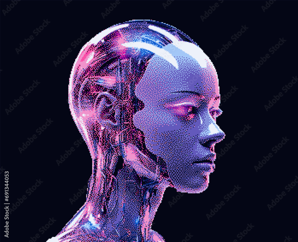Aufkleber Pixel art of an artificial robotic humanoid head with wires coming from the skull. 