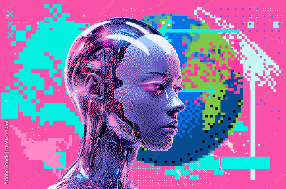 Poster Pixel art of an artificial robotic humanoid head with wires coming from the skull. 