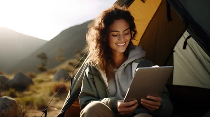 Poster woman talking on tablet, smile of tourist woman , tent and camping in the morning, mountain view background © banthita166