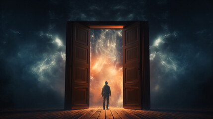 Man in front of a open glowing door - Powered by Adobe