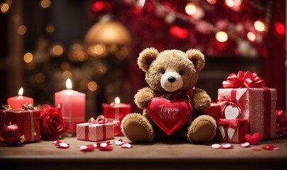 Valentine decoration with a toy bear carrying a love and gifts in the Valentine lamp theme background