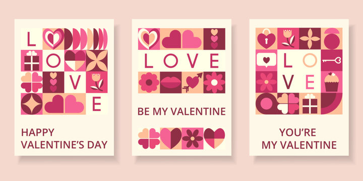 Set cards of abstract geometric shape and text. Creative concept of Happy Valentines Day. Background of icons with symbol of love. Trendy design for card or poster, advertising, sales, branding.