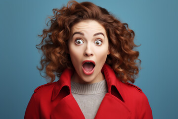 Surprised young woman in red coat with open mouth on blue background. Closeup photo of beautiful lady open mouth excited addicted shopper black friday prices wear casual red overcoat - obrazy, fototapety, plakaty