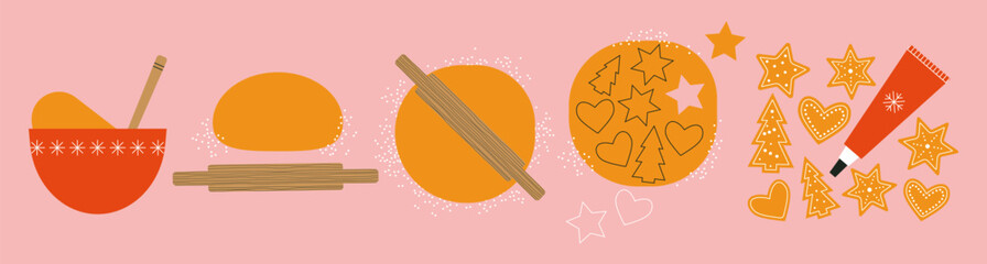 Instruction how to prepare and cook dough for bakery. Festive dough flour recipe. Baking ingredients, utensil. Food preparation. Homemade dough. Cookies of various shapes. Rolling pin. Decorating.