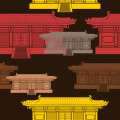 Editable Flat Monochrome Style Wide Traditional Chinese Building Vector Illustration in Various Colors as Seamless Pattern With Dark Background for Oriental History and Culture Related Design
