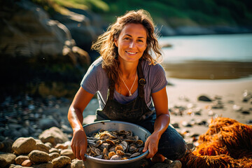 Galician shellfish harvester collecting clams on the beach - obrazy, fototapety, plakaty