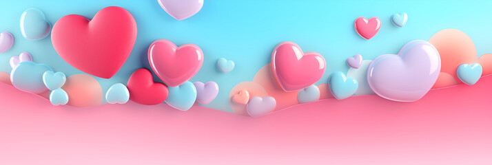 Valentine's Day background, with 3D hearts, with copy space, in candy pastel color. On a blue background, bright and rich for design. - obrazy, fototapety, plakaty